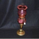 An Brass Pillar Oil Lamp, Ruby Bowl and Shade