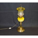 A Very Nice Brass Based Oil Lamp, Yellow Bowl and Matching Etched Shade