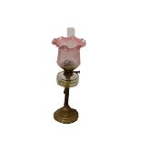 An Oil Lamp Brass Pillar, Glass Bowl and Etched Shade