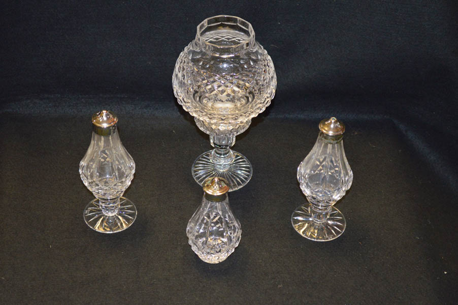 A Tyrone Crystal Candleholder and Three Tyrone Crystal Condiments