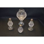 A Tyrone Crystal Candleholder and Three Tyrone Crystal Condiments