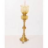 A Tall Brass Pillar Oil Lamp, Coloured Bowl and Shade