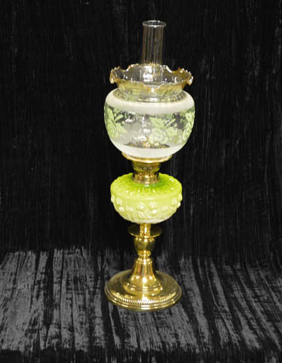 A Nice Brass Based Embossed Bowl Oil Lamp and Shade
