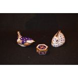 A Royal Crown Derby Figurine of a Rabbit, Another of a Bird and a Small Trinket Box