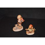 Two Hummel Figurines 'Boy with Dog' and 'Girl on Fence'
