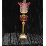 A Good Brass Corinthian Pillar Oil Lamp, Ruby Bowl and Shade