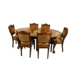 A Mahogany Dining Room Table, One Leaf and Six Upholstered Dining Room Chairs