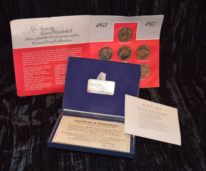 A Limited Edition British Airways Commemorative Ingot and a Set of Silver 1977 Jubilee Coins