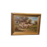 A Large Gilt Framed Painting 'Sheep' - Signed G.Roy