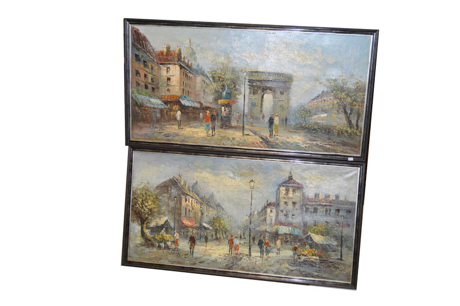 A Pair of Large Parisian Scene Oil Paintings