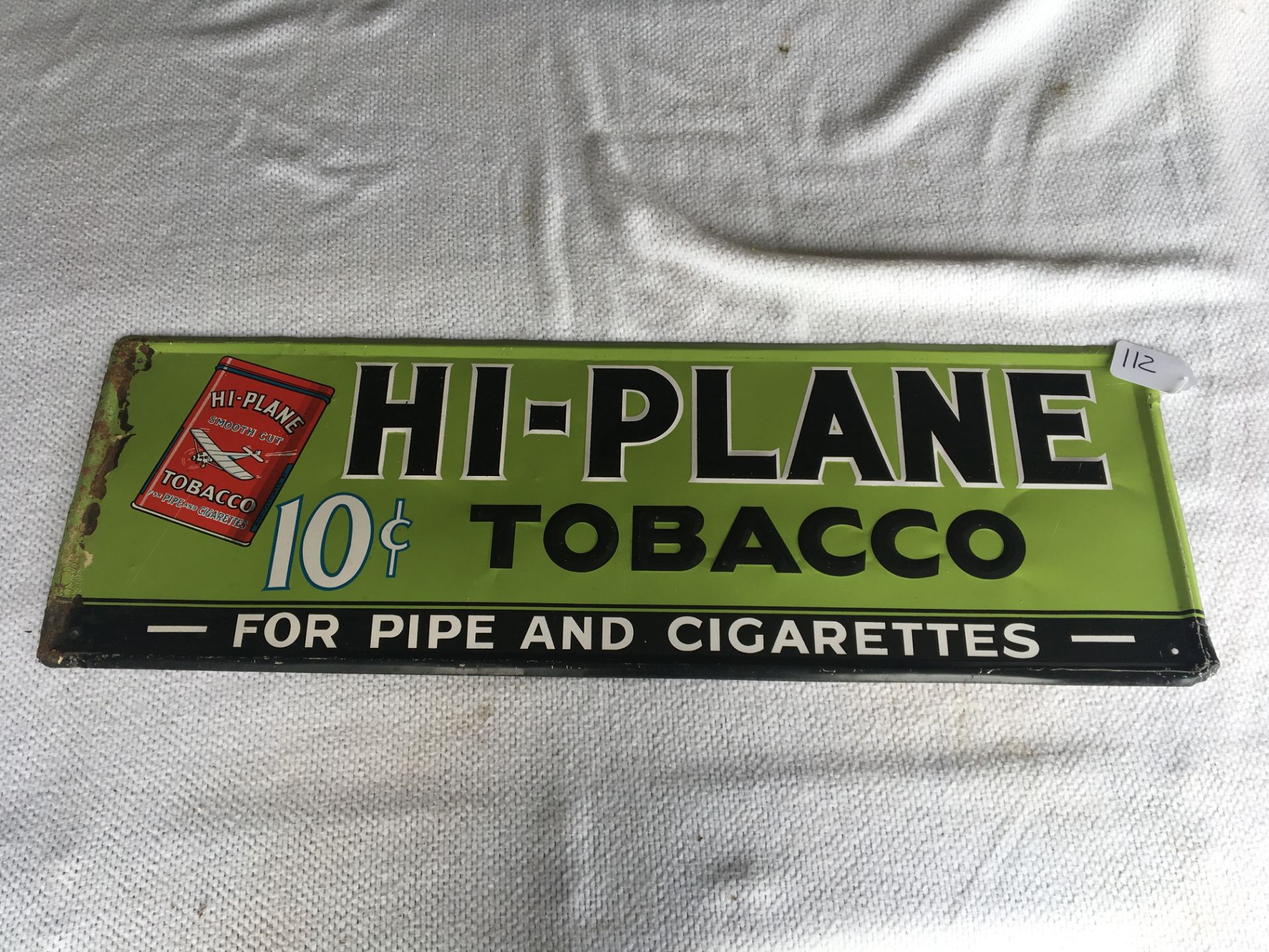 Hi-Plane Tobacco sign, 11 ¾” x 35 ¼”, metal sign