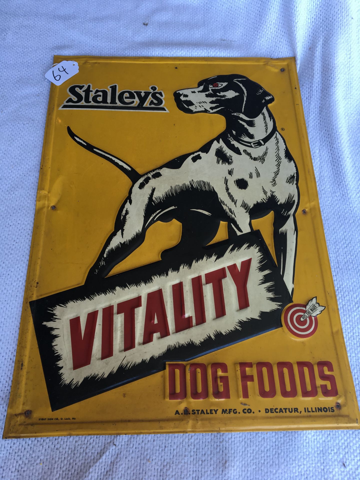 Staley's Dog Foods 19” x 27”, Metal Sign, Stout Sign Company – Decatur, IL