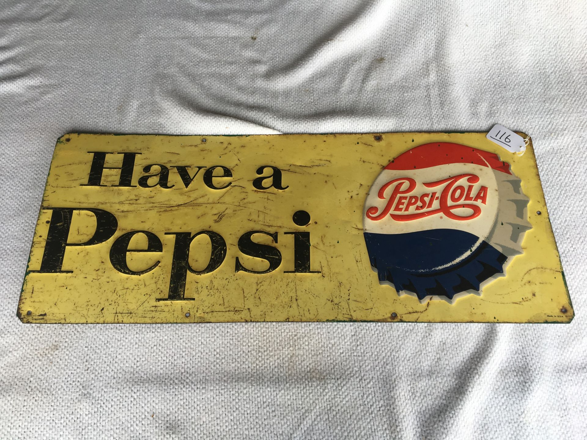 Pepsi Cola, 14” x 34”, metal sign, USA M-16, Single dot