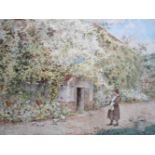 Marie- Desiree Bourgoin (1839- 1912) ' Meisje voert de kipjes in de tuin' ingelijste aquarel, ges.