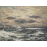 'Pier in de storm', olie op doek, onduidelijk ges.,80x1212cm