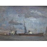 A. Decamps (1919 'Vrachtschepen', olie op paneel, 25x34cm,ges.