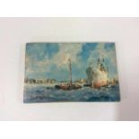 Schilderijtje met vrachtschip, ges. E. moll, board, 9,5x14,5cm