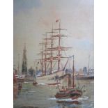 E.L' Hernault ''Viermaster in haven van Antwerpen', aquarel, ges. en gedat 1903, 29x23cm