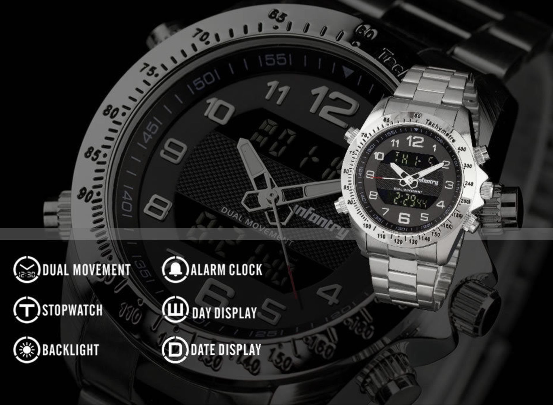 MENS INFANTRY ARMY SILVER SPORT DIGITAL QUARTZ WRIST WATCH CHRONOGRAPH STAINLESS STEEL - Image 2 of 9