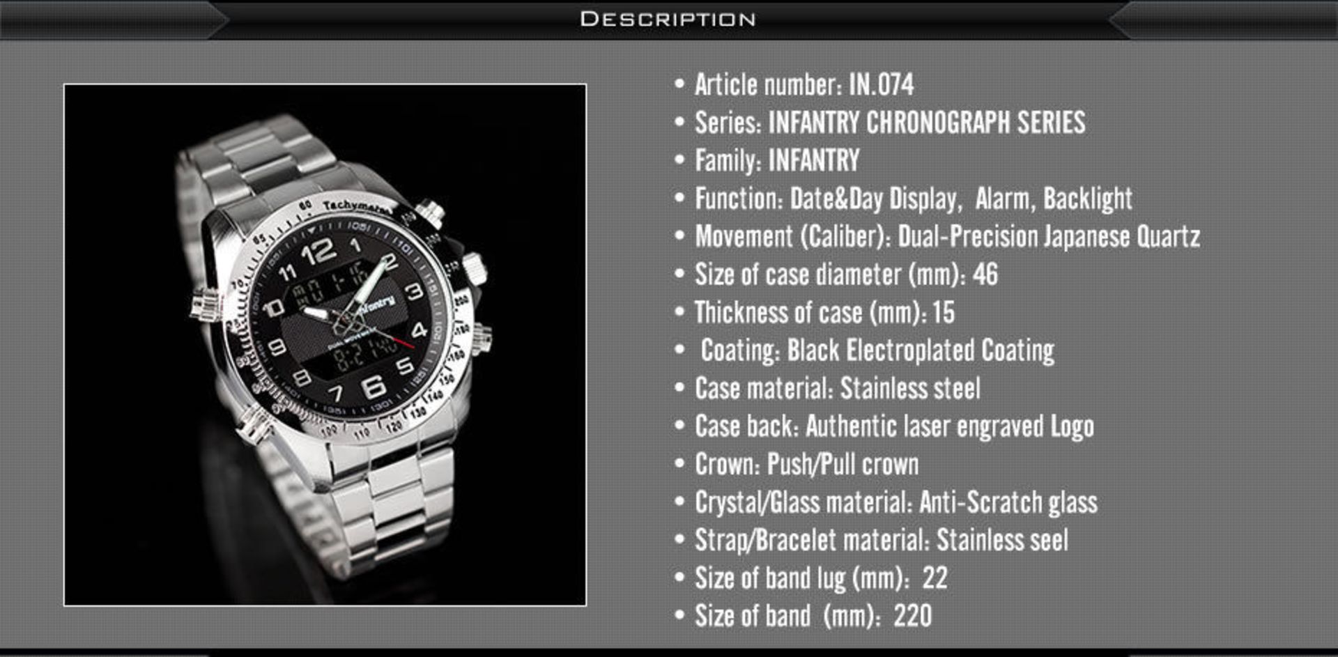 MENS INFANTRY ARMY SILVER SPORT DIGITAL QUARTZ WRIST WATCH CHRONOGRAPH STAINLESS STEEL - Image 8 of 9