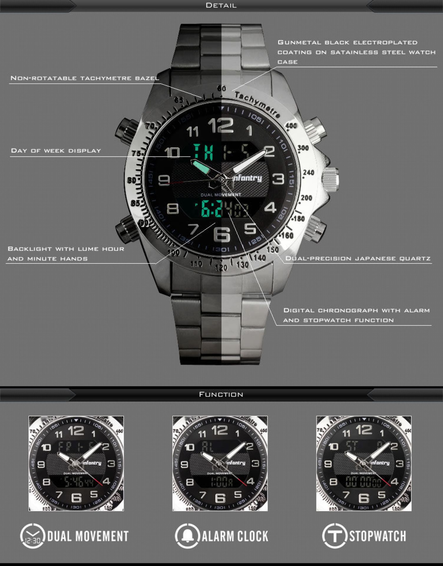 MENS INFANTRY ARMY SILVER SPORT DIGITAL QUARTZ WRIST WATCH CHRONOGRAPH STAINLESS STEEL - Image 7 of 9