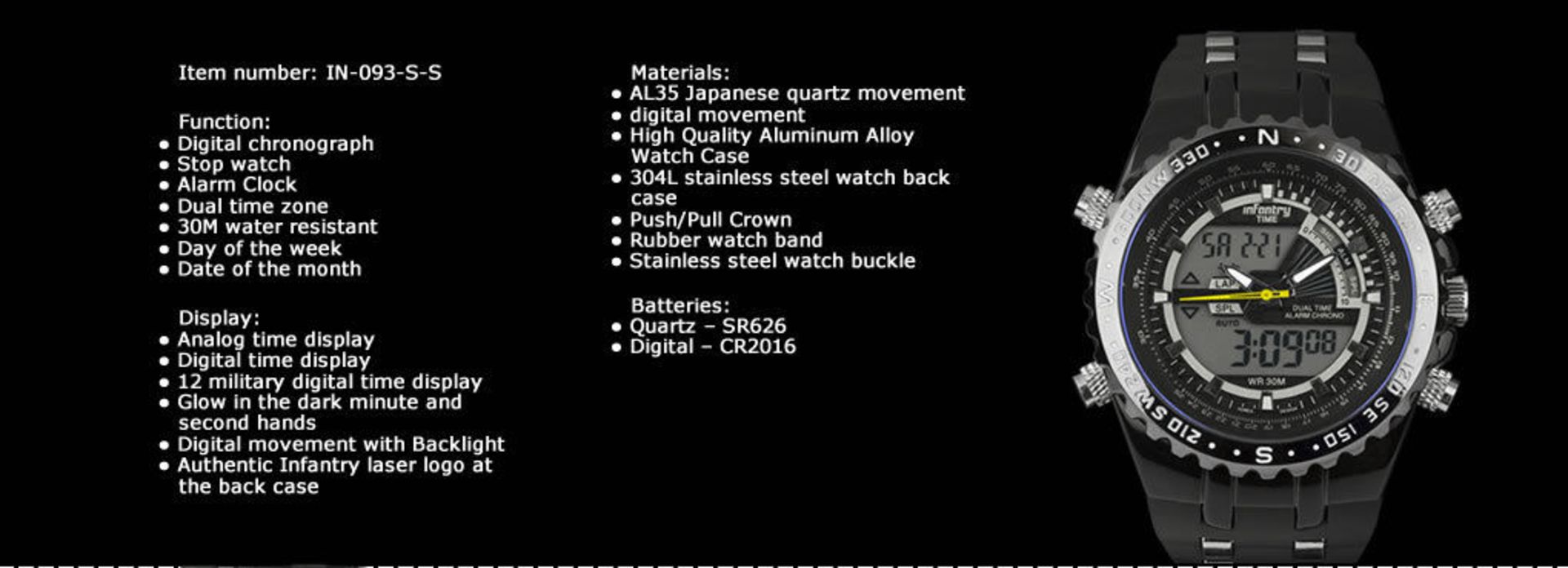 MENS INFANTRY LCD BLACK DIGITAL QUARTZ WRIST WATCH CHRONOGRAPH STAINLESS STEEL - Image 5 of 7