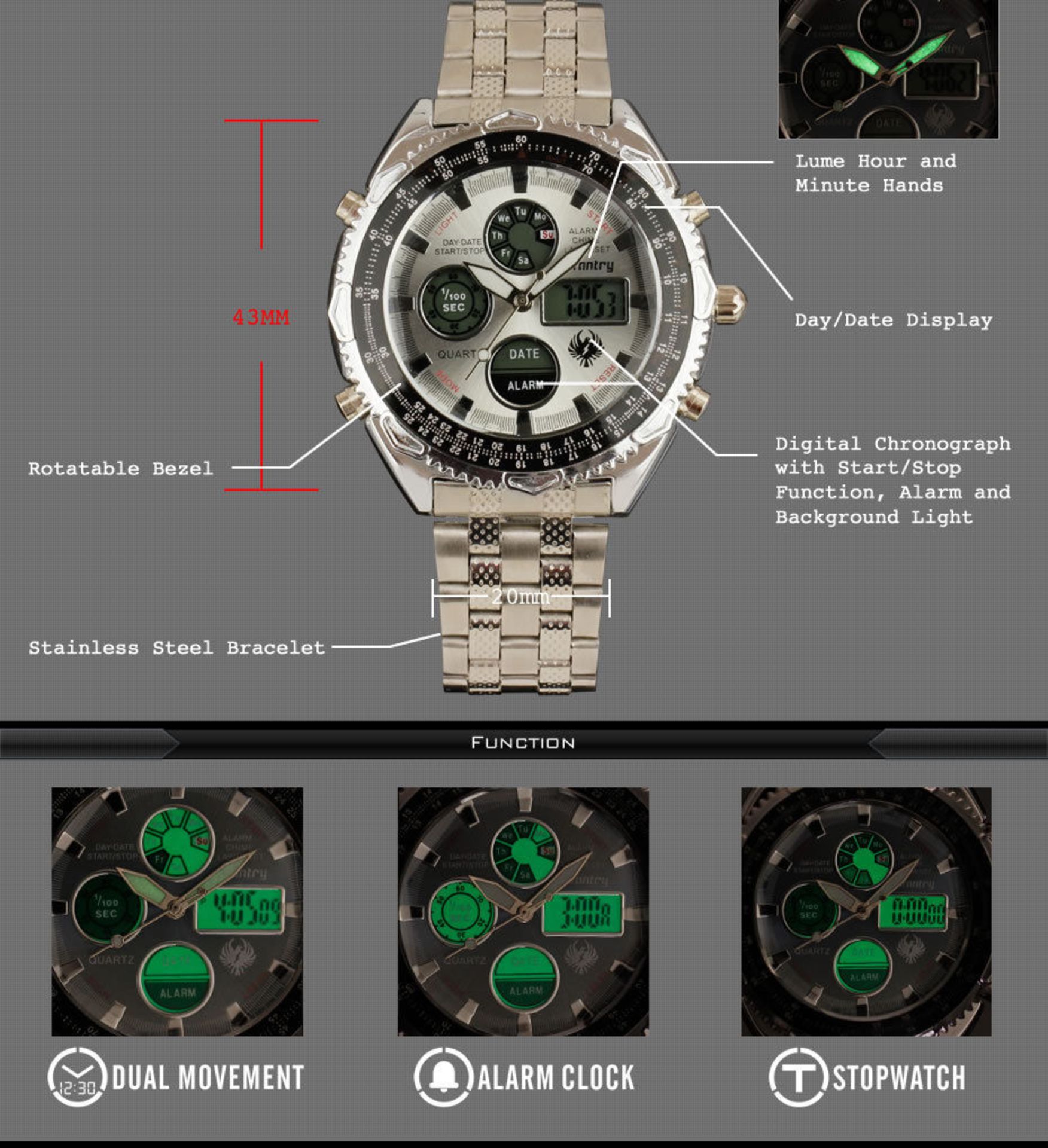 MENS SILVER INFANTRY QUARTZ DIGITAL CHRONOGRAPH ALARM WRIST WATCH STAINLESS STEEL BRACELET *NO VAT* - Image 7 of 9