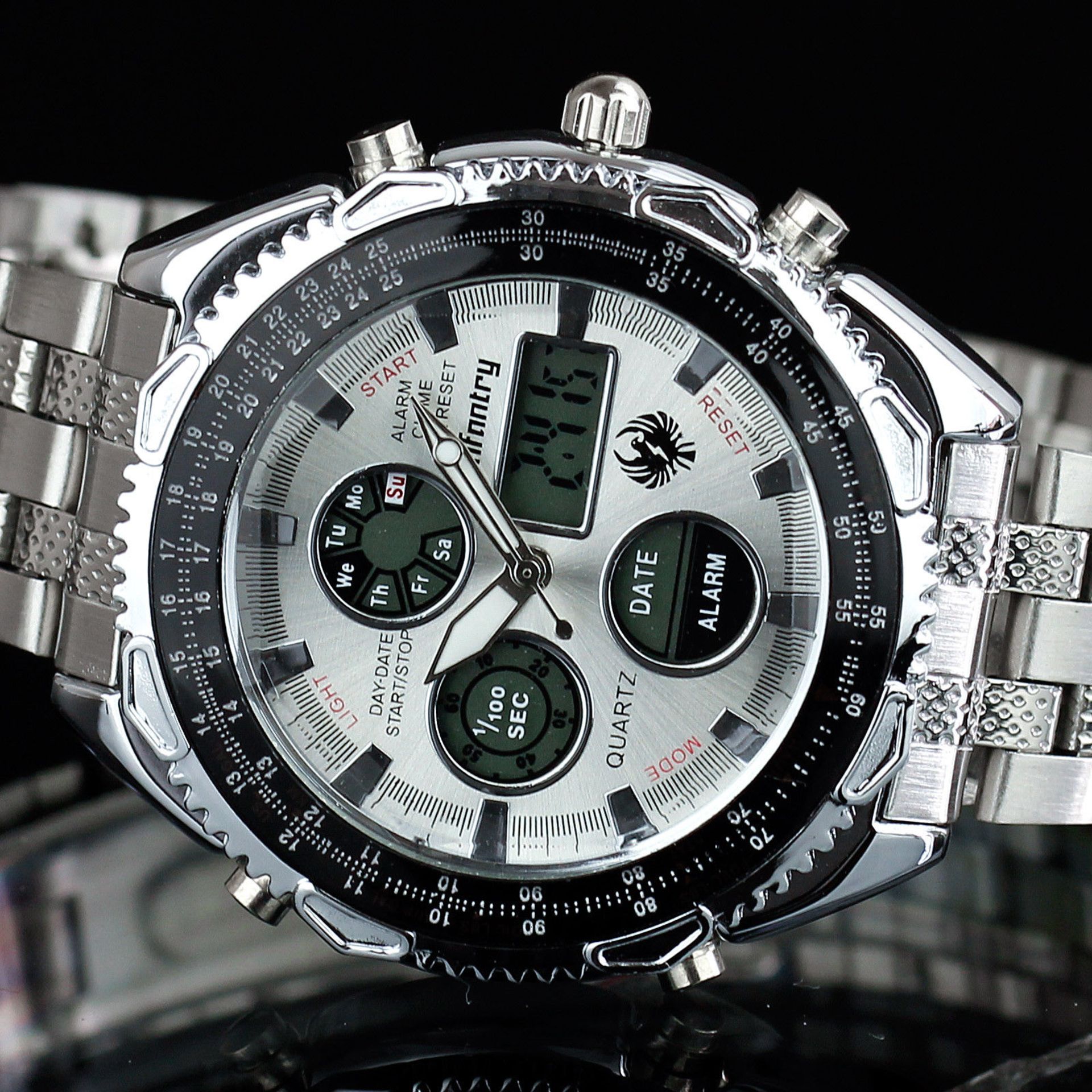 MENS SILVER INFANTRY QUARTZ DIGITAL CHRONOGRAPH ALARM WRIST WATCH STAINLESS STEEL BRACELET *NO VAT*