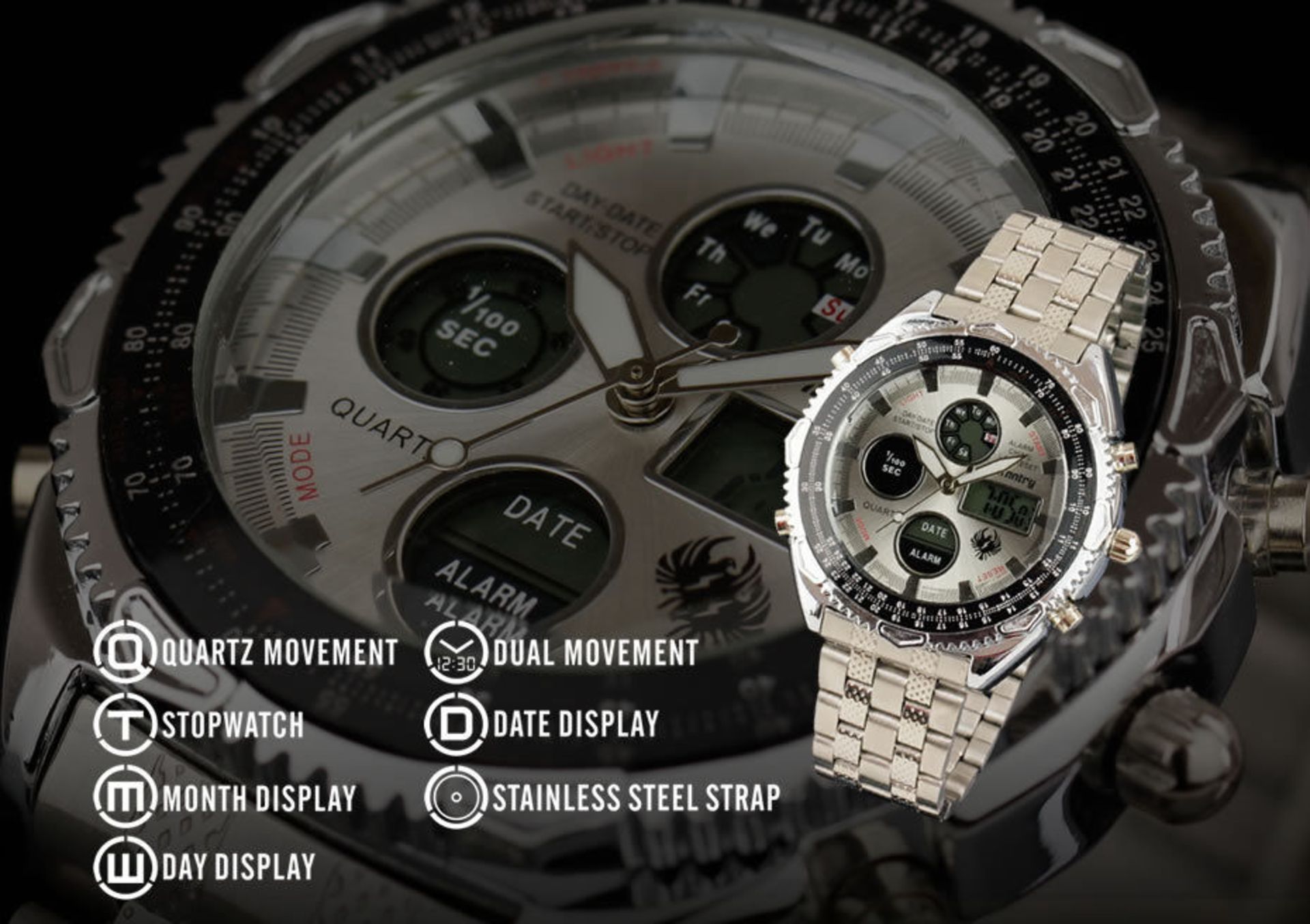 MENS SILVER INFANTRY QUARTZ DIGITAL CHRONOGRAPH ALARM WRIST WATCH STAINLESS STEEL BRACELET *NO VAT* - Image 2 of 9