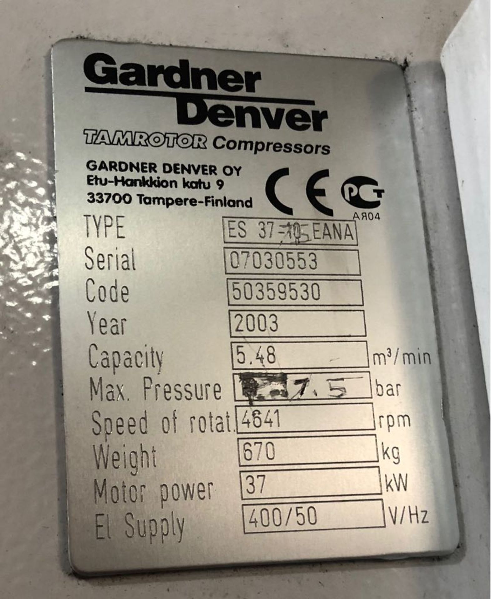 2003 GARDNER DENVER ELECTRA SCREW ENDURO PLUS COMPRESSOR ES 37-7.5 EANA *PLUS VAT* - Image 8 of 9