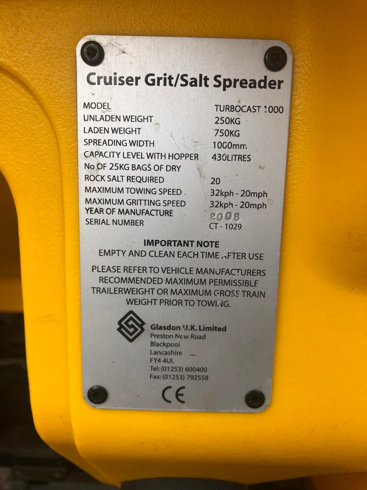 2008 CRUISER TURBOCAST 1000 YELLOW GRIT / SALT SPREADER *PLUS VAT* - Image 8 of 8