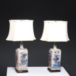 Pair early Imari squared porcelain bottle lamps