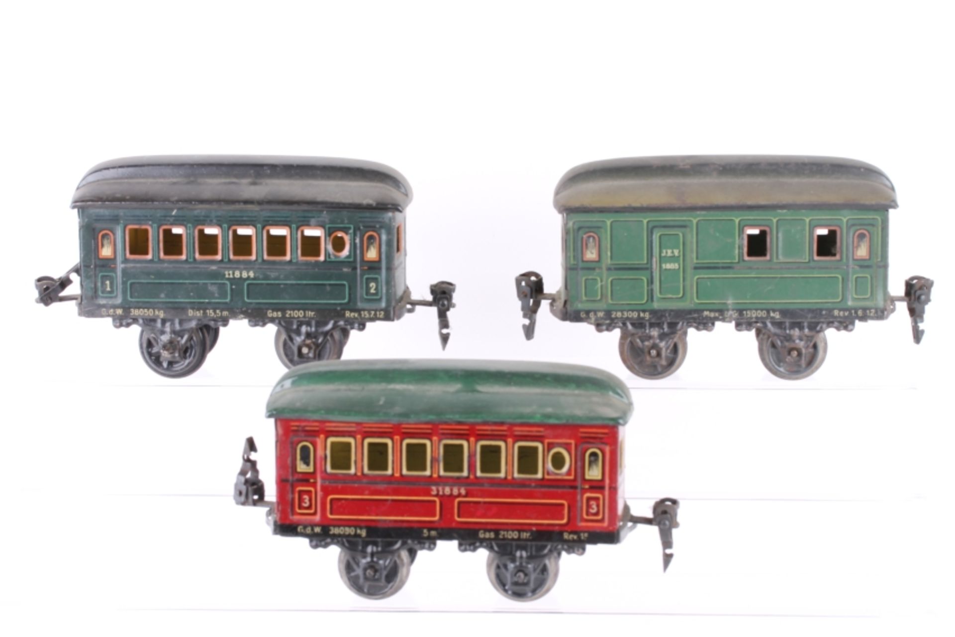 Märklin, drei Personenzugwagen Märklin, drei Personenzugwagen, 2 x 1884, Aufschrift "11884", 1./2.