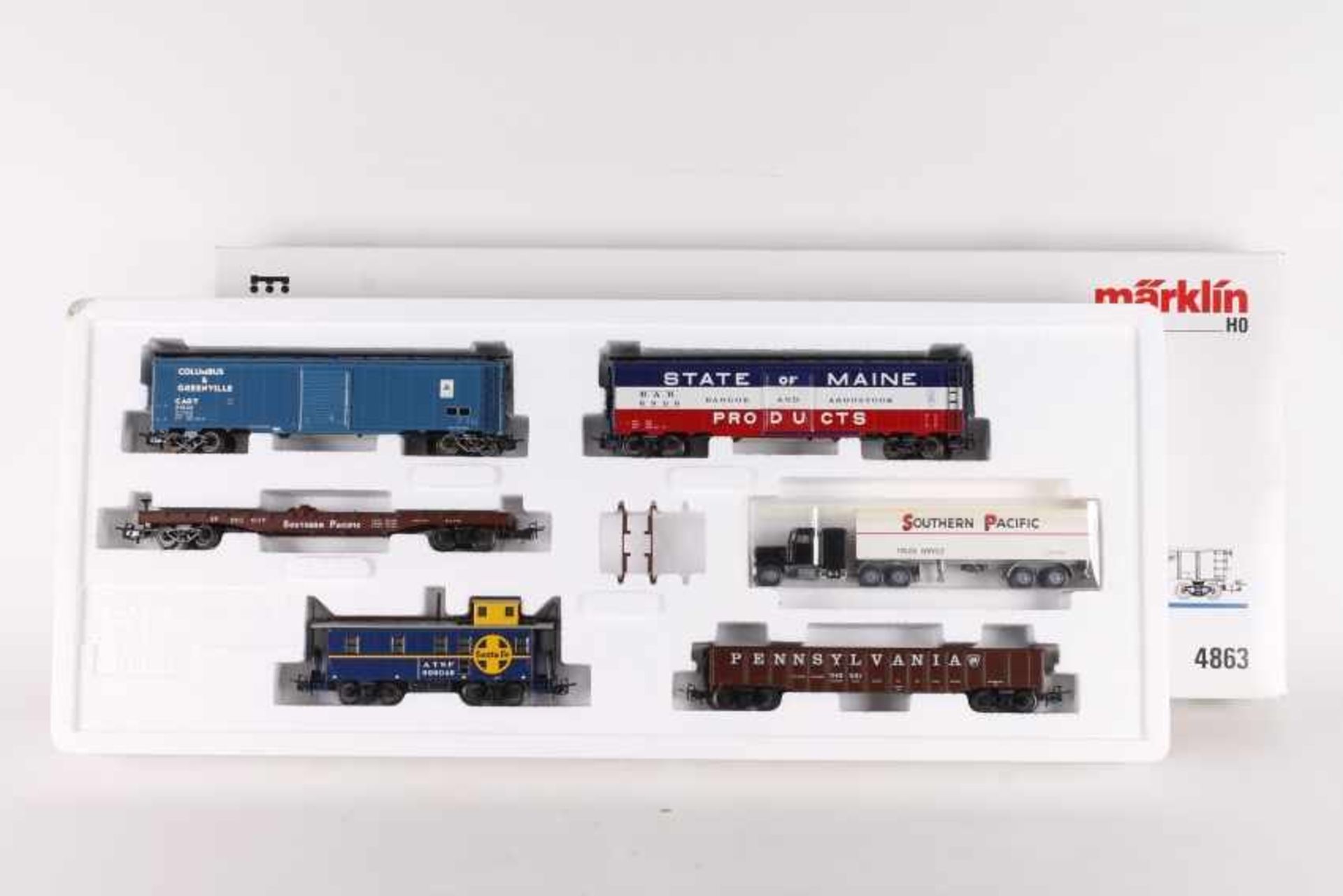 Märklin 4863, USA-Güterwagen-Set II, fünf WagenMärklin 4863, USA-Güterwagen-Set II, fünf Wagen, LKW,