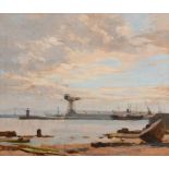 Dermod O'Brien PRHA (1865-1945) Dublin Docks oil on panel 37½ x 46cm (14.76 x 18.11in)