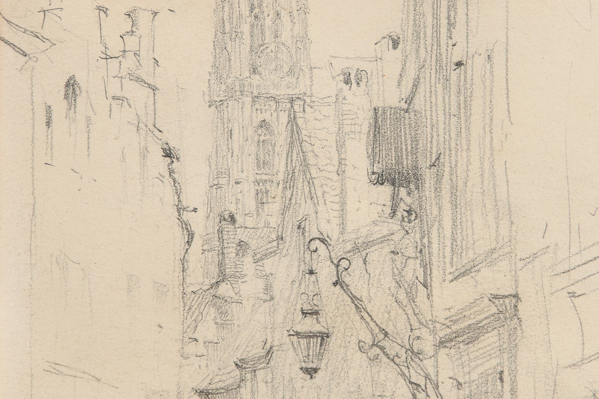 Walter Frederick Osborne RHA (1859-1903) A Street in Antwerp (1894) pencil drawing on paper - Image 8 of 8