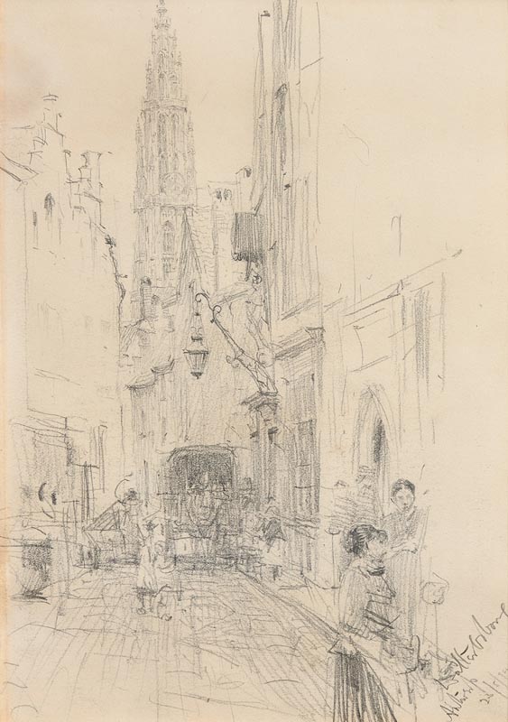 Walter Frederick Osborne RHA (1859-1903) A Street in Antwerp (1894) pencil drawing on paper