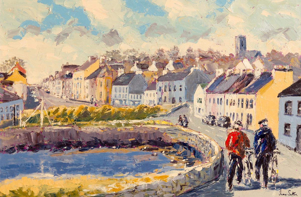 Ivan Sutton (b.1944) Walking the Bikes, Roundstone Village, Co Galway