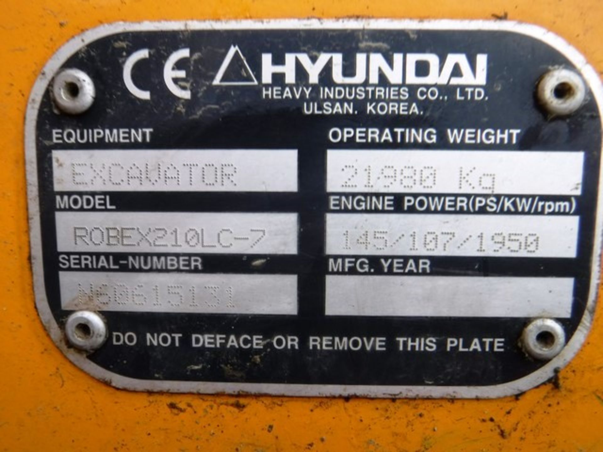 2007 HYUNDAI ROBEX 210LC-7 DIGGER, ENGINE POWER 145/107/1950. SN N0615131 8759HRS (NOT VERIFIED) C/W - Image 13 of 28