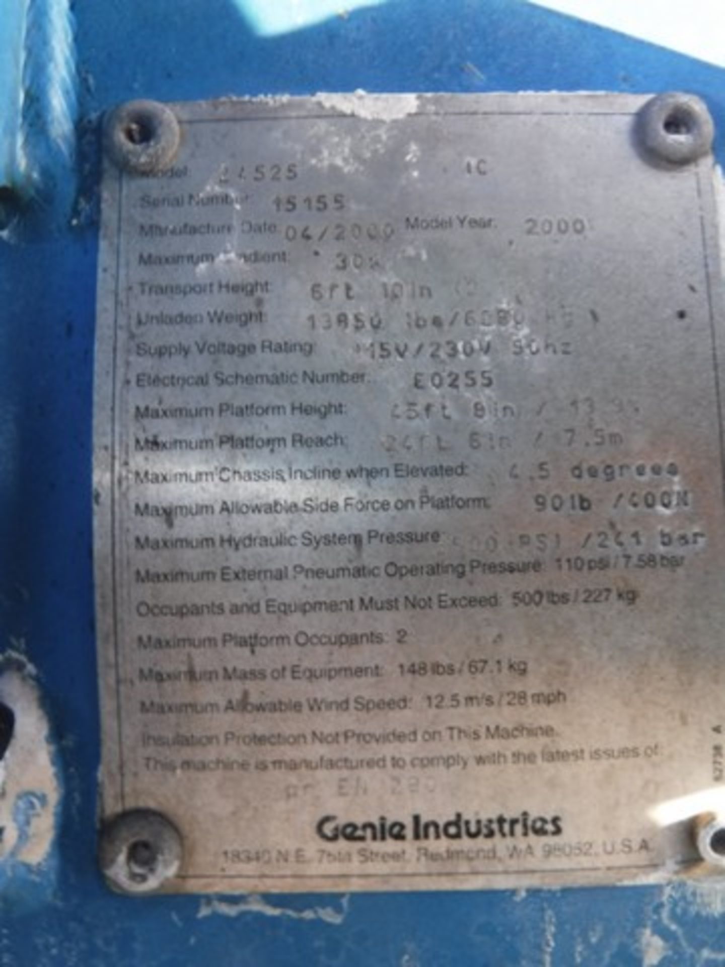 2000 GENIE MODEL Z45-25, S/N 15155, 8046HRS (NOT VERIFIED), LIFT CAPACITY - 230 - Image 5 of 17