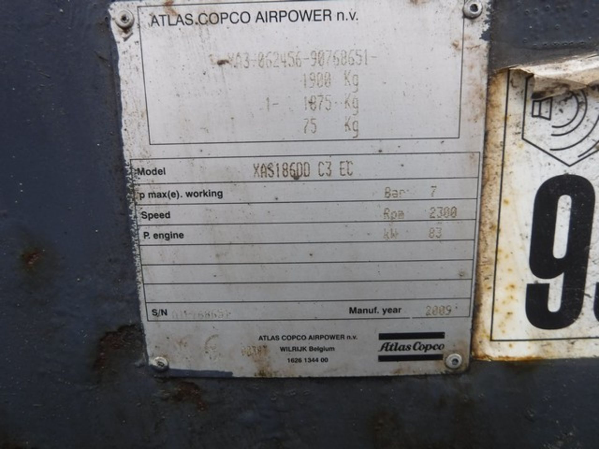 2009 ATLAS COPCO COMPRESSOR, XAS186/400CEM, S/N 768651, 3582HRS (NOT VERIFIED) - Image 7 of 12