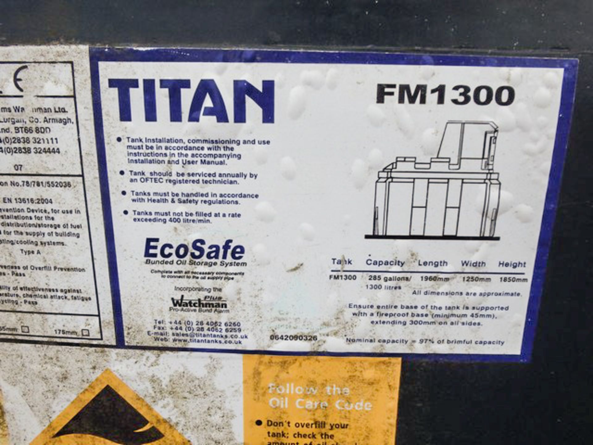 TITAN FM1300 BUNDED FUEL TANK, 286 GALLON CAPACITY (APPROX), C/W ROTARY HAND PUMP, SPILL STOP OVERFL - Image 2 of 3