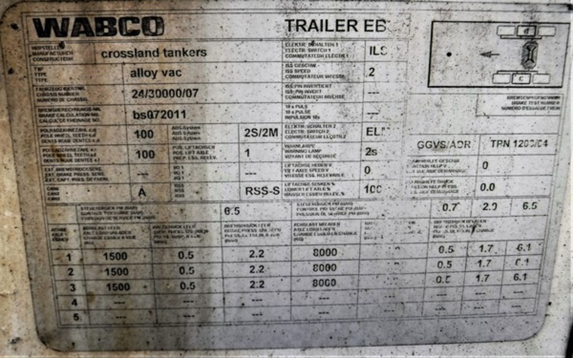 2007 WABCO vacuum tank trailer s/n 24/30000/07 Reg No C233119. Triple axle. GVW 38180kg 30.11.18 c - Bild 5 aus 17