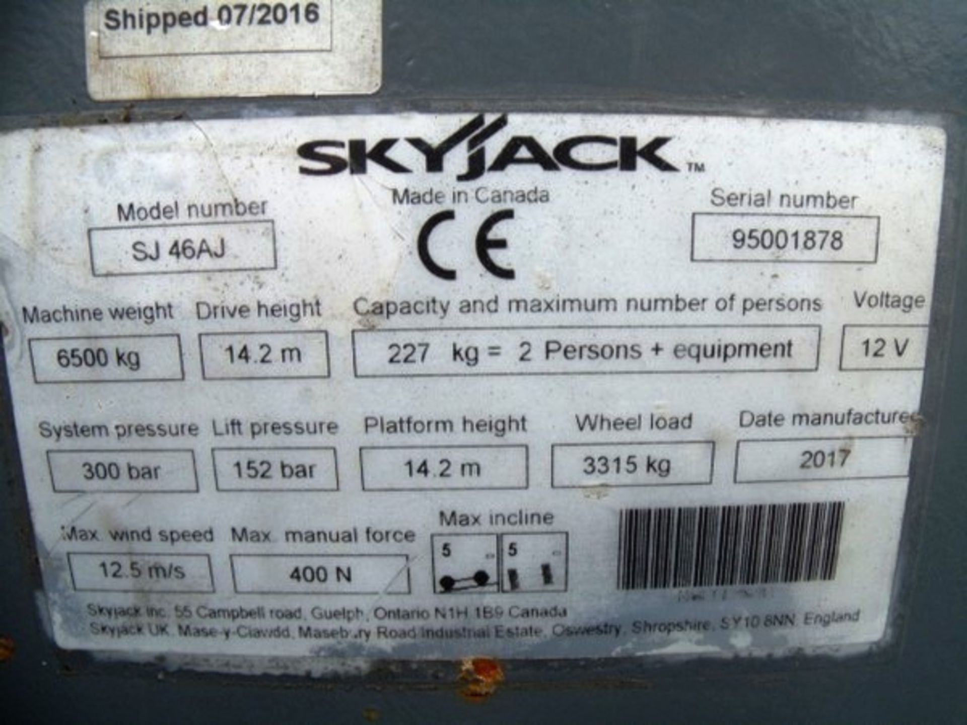 2017 SKYJACK SJ46AJ, s/n - 95001878, 78hrs (verified), lift capacity 227kgs, 4 x 4 diesel, safety ed - Image 6 of 15