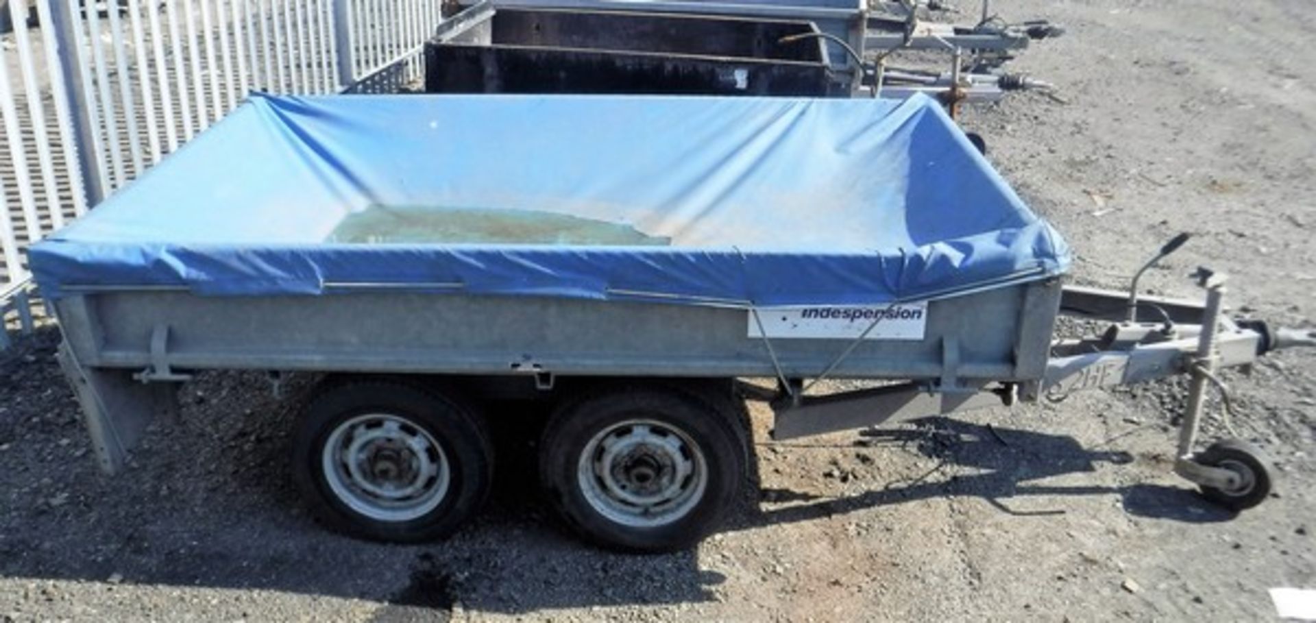 INDESPENSION trailer. S/N 070086. Twin axle 8ft x 5ft, drop tailgate with cover. Asset no 758-4029.
