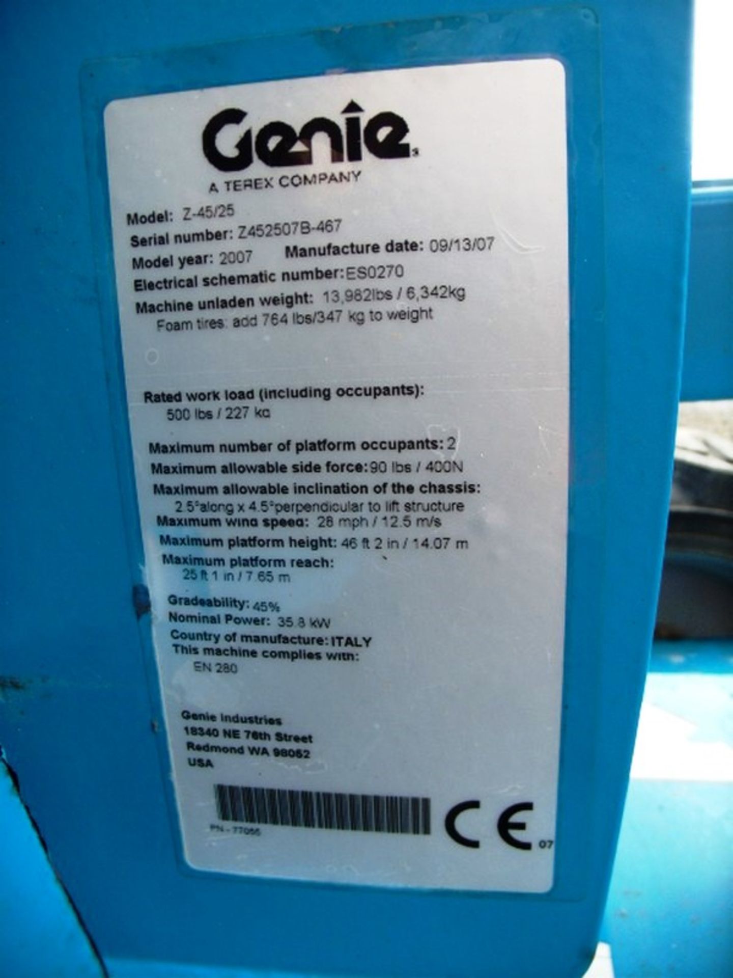 2007 GENIE Z45/25JIC, S/N - 467, 1733hrs (verified), diesel Deutz engine, 4 x 4 , solid wheels. - Image 5 of 9