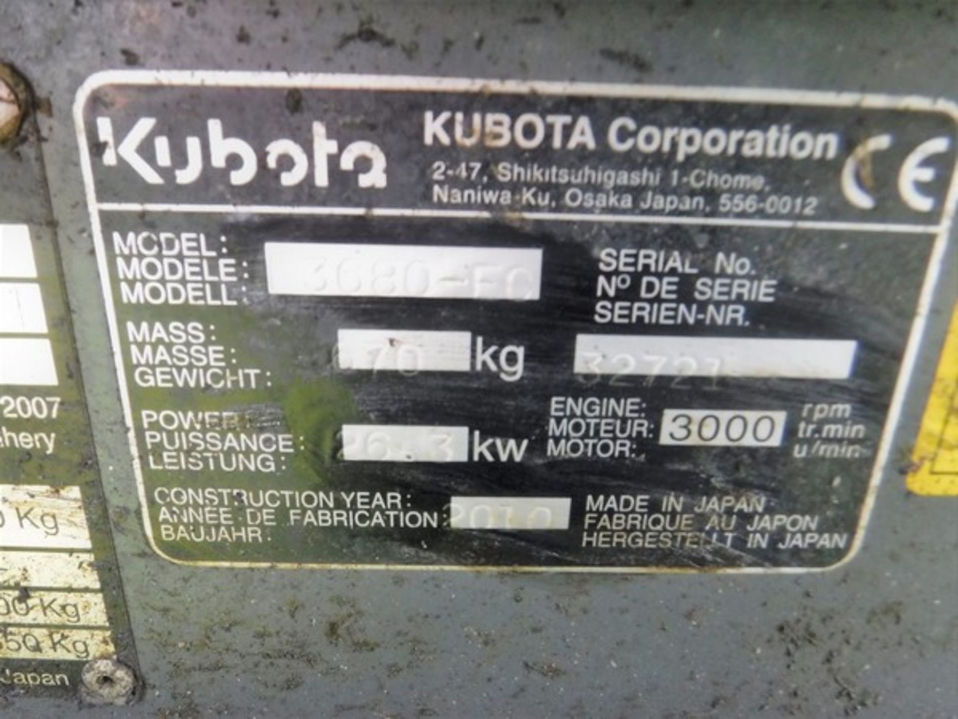2010 KUBOTA 3680 - FC. Flaildeck 155 out front mower. Reg No SP12 AHF, s/n 3680 C327-21. 1229 hrs (n - Bild 3 aus 18