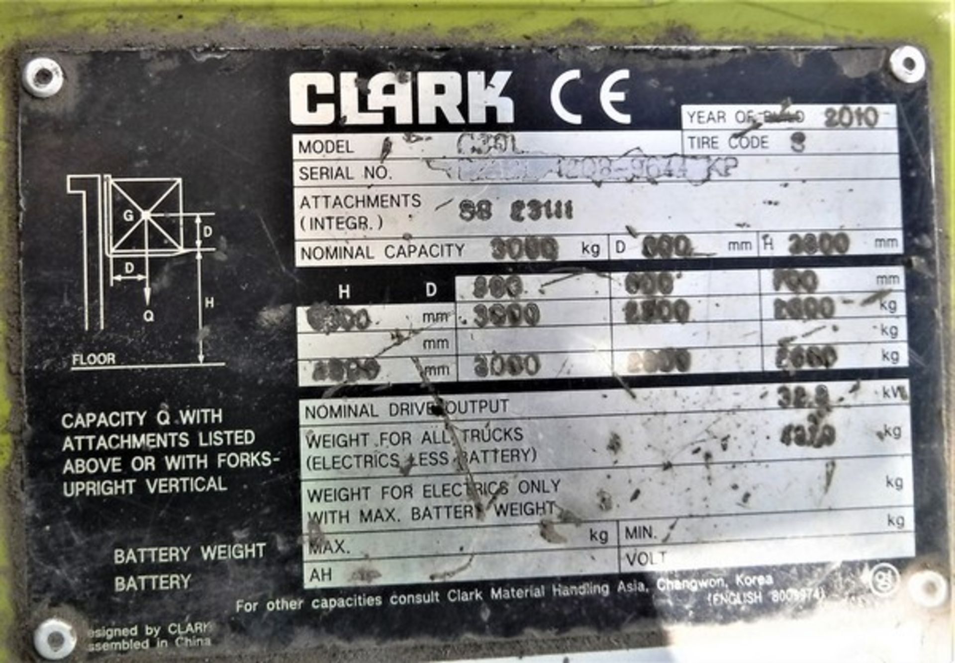 2010 CLARK C30L gas forklift, s/n P232/1208-9644KP, c/w Cascade Rotator, 3 tonne capacity, side shif - Image 6 of 17