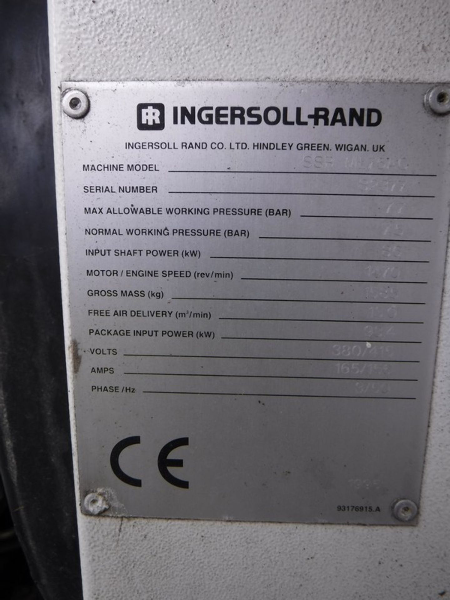 1995 INGERSOLL-RAND ELECTRIC SCREW TYPE COMPRESSOR SSR ML75AC. SN82377. MAX WORKING PRESSURE 7.7BAR - Image 4 of 6