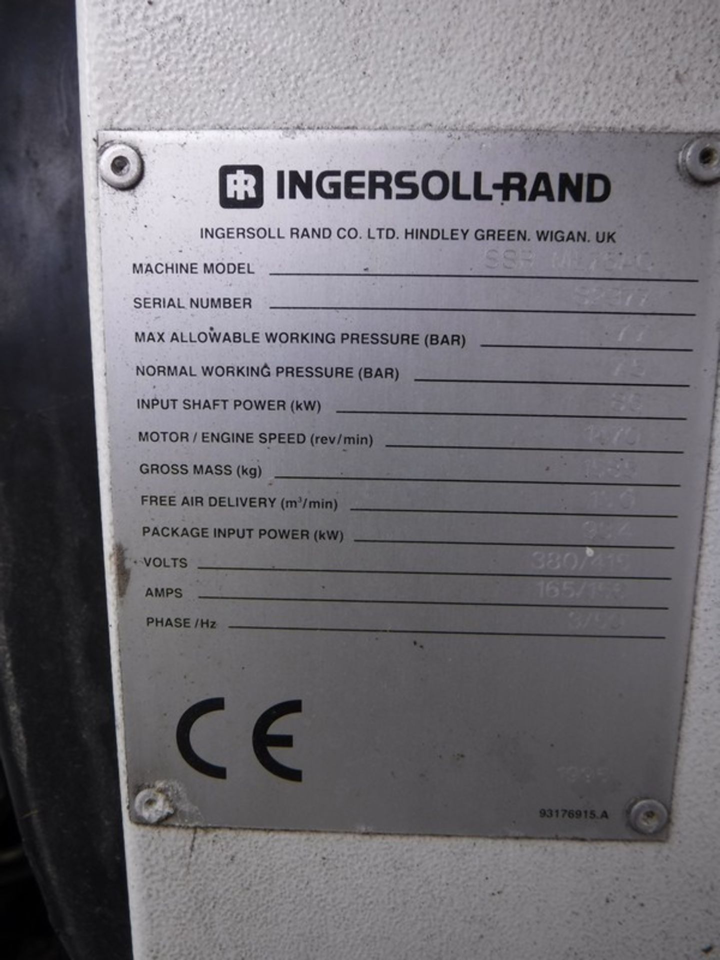 1995 INGERSOLL-RAND ELECTRIC SCREW TYPE COMPRESSOR SSR ML75AC. SN82377. MAX WORKING PRESSURE 7.7BAR - Bild 4 aus 6